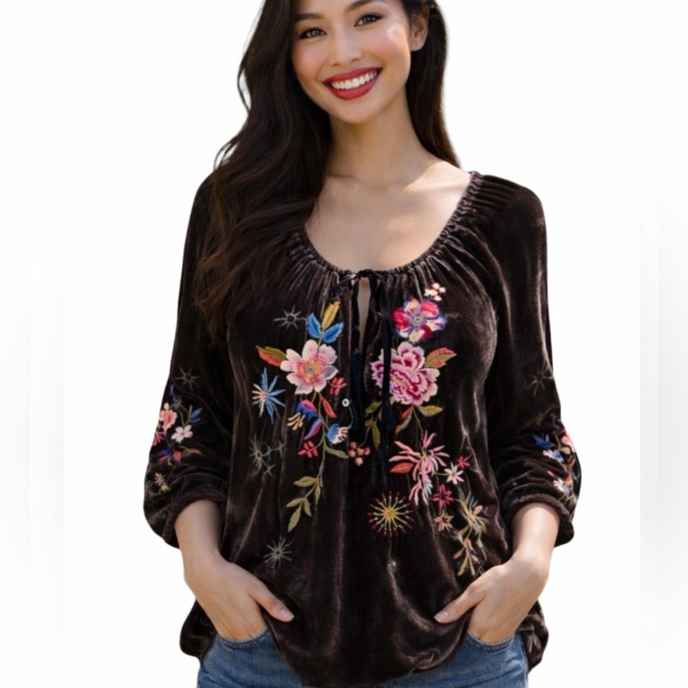Johnny Was “Celestin” embroidered velvet top NWT